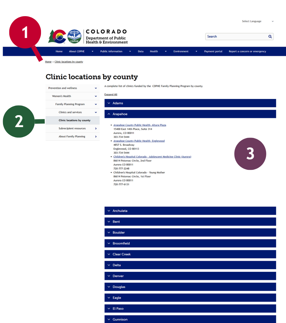 Screenshot of CDPHE website with breadcrumbs, secondary navigation, and accordions highlighted