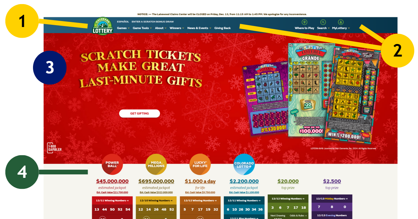 Screenshot of Colorado Lottery homepage with primary navigation and logo, featured image, and on page navigation highlighted