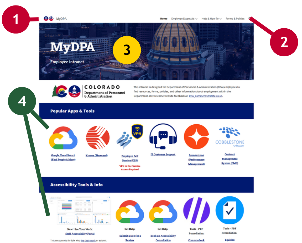 Screenshot of MyDPA homepage with logo, primary navigation, and on-page navigation highlighted