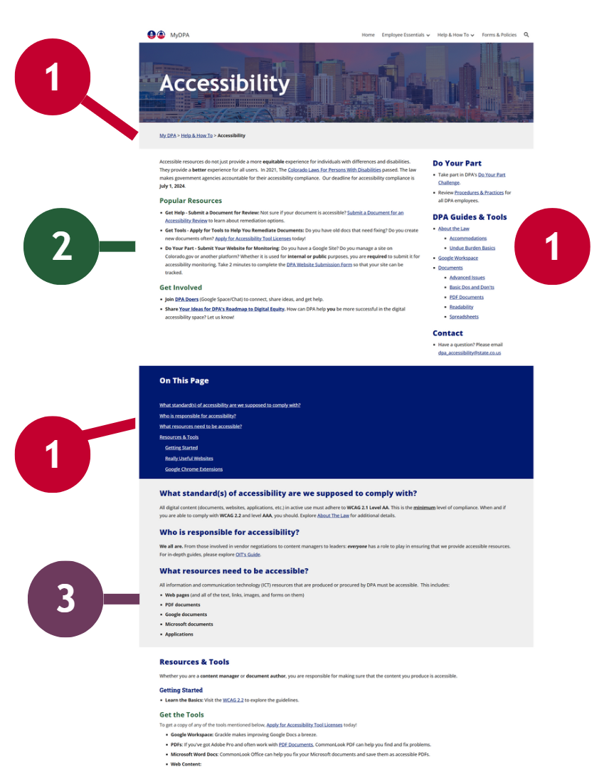 Screenshot of MyDPA intranet site with navigation and heading components highlighted