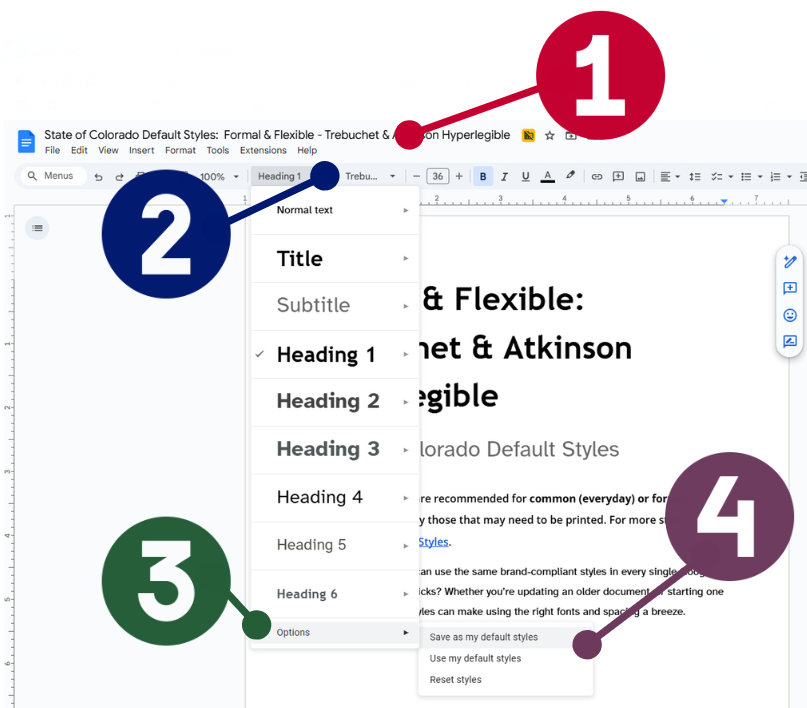 Process steps highlighted for setting default styles in Google Docs