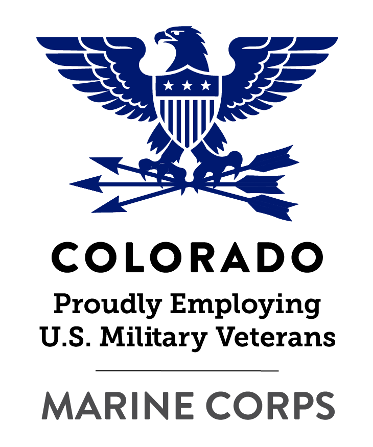 Dark blue eagle with stars and stripes shield on chest and holding three arrows above text: Colorado Proudly Employing U.S. Military Veterans - Marine Corps