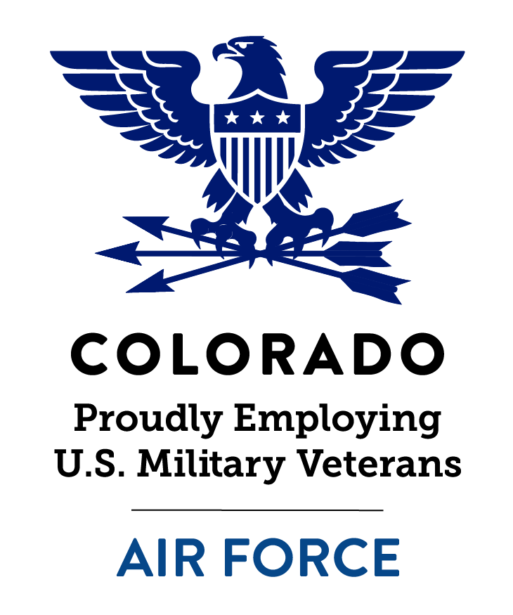 Dark blue eagle with stars and stripes shield on chest and holding three arrows above text: Colorado Proudly Employing U.S. Military Veterans - Air Force