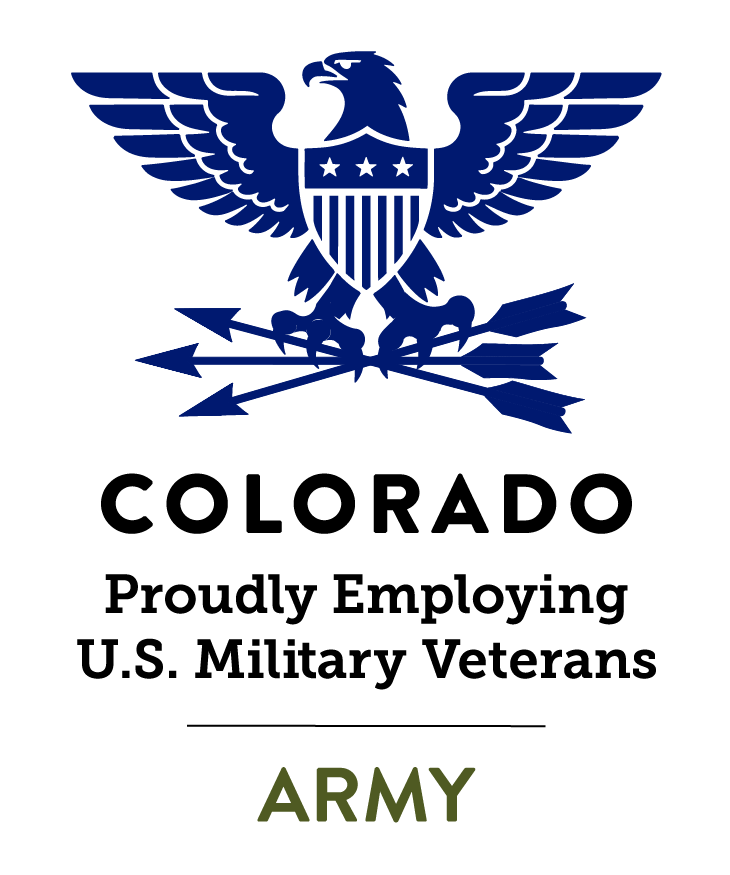 Dark blue eagle with stars and stripes shield on chest and holding three arrows above text: Colorado Proudly Employing U.S. Military Veterans - Army