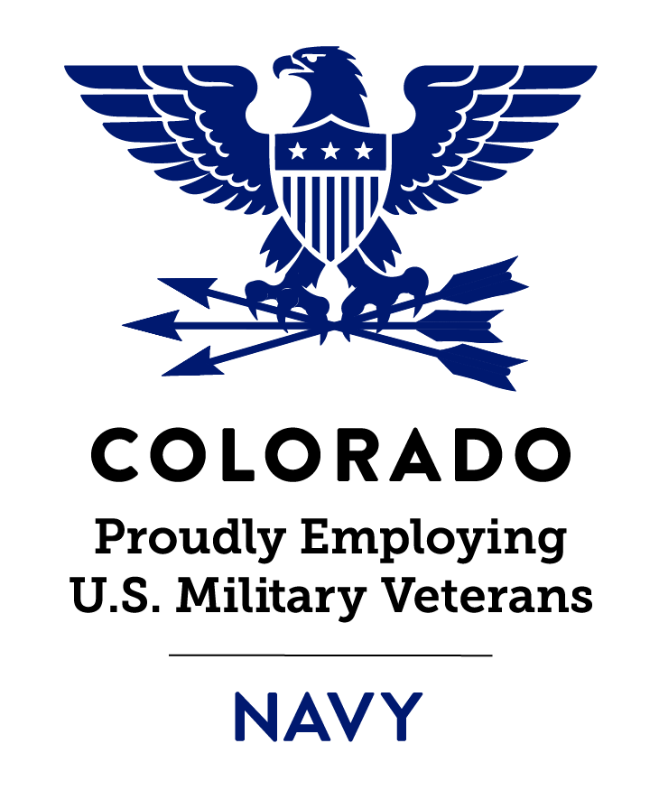 Dark blue eagle with stars and stripes shield on chest and holding three arrows above text: Colorado Proudly Employing U.S. Military Veterans - Navy