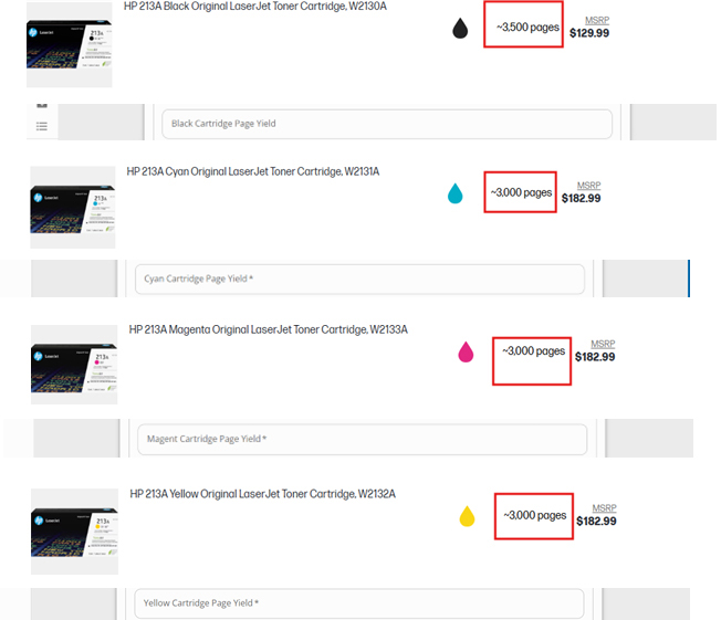 Color Toner Cartridge Page Yield Sample HP 213A showing all four colors of Black, Cyan, Magenta, and Yellow.