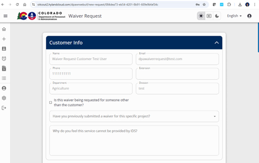 Customer Info box with fill in boxes for name, email, phone, department, division, submit waiver before, and why think it is needed