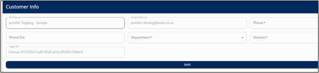 Customer Info Screen showing fill in boxes