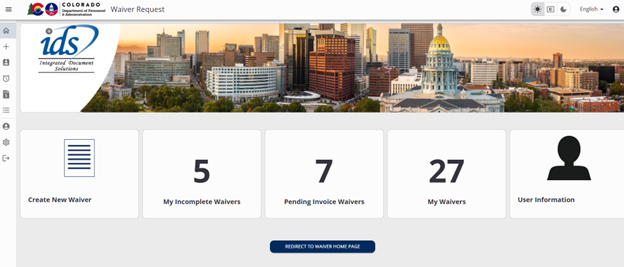 IDS Waiver Site Home Screen Dashboard that shows a photo of the Denver skyline with Capital and waiver stats