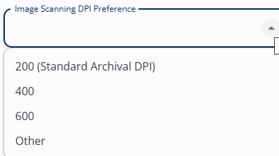 Image Scanning DPI Preference drop down including 200 Standard Archival DPI, 400, 600, and other