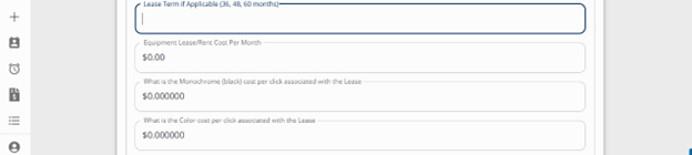 Lease Term box with fill in boxes for lease term, cost per month, monochrome cost, color cost