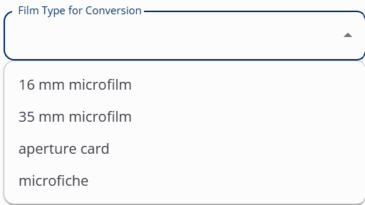 Microfilm-Film Type for Conversion drop down box showing 16 mm microfilm, 35 mm microfilm, aperture card, and microfiche