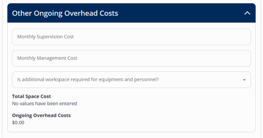 Other Ongoing Overhead Equipment Costs with fields including monthly supervision, monthly management, additional workspace required, total space, and ongoing overhead costs.
