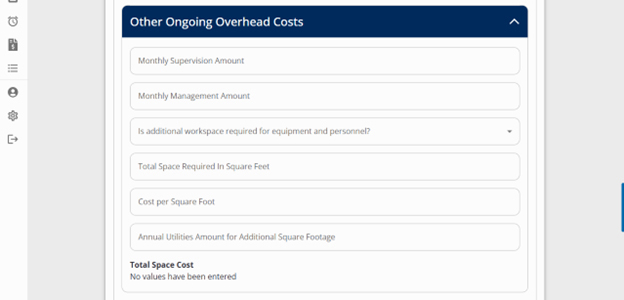 Other Ongoing Overhead Costs with fields including monthly supervision, monthly management, additional workspace required, total space required in square feet, cost per square foot, and annual utilities