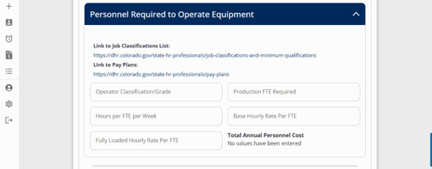 Personnel Required to Operate Equipment with fill in boxes for operator classification and grade, production FTE required, hours per FTE per week, base hourly rate, fully loaded hourly rate