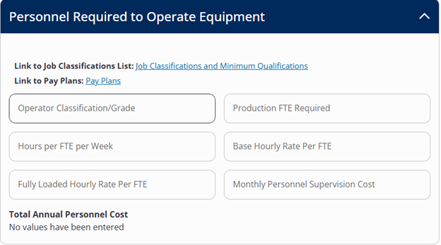 Personnel Required to Operate Equipment with fill in boxes for operator classification and grade, production FTE required, hours per FTE per week, base hourly rate, fully loaded hourly rate, and monthly personnel supervision cost