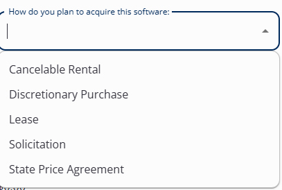 Plan to Acquire Software with drop down including cancelable rental, discretionary purchase, lease, solicitation, and state price agreement
