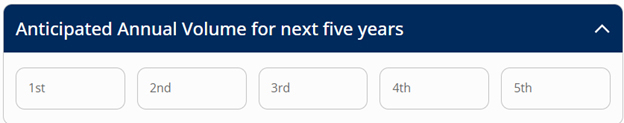 Scanning Equipment Anticipated Annual Volume for next five years with fill in fields for each year