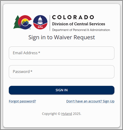 Sign into Waiver Request with an email and password 