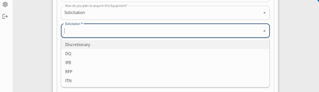 Solicitation box with drop down including discretionary, DQ, IFB, RFP, and ITN