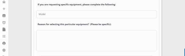 Specific Equipment with fill in fields for Model and reason