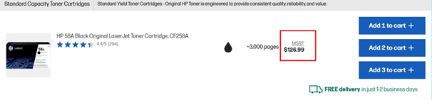 Standard Capacity Toner Cartridges-HP58A Sample Cost with add to cart options