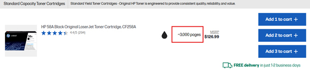 Standard Capacity Toner Cartridges-HP58A Sample Page Yield with add to cart options