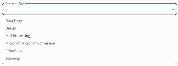 Third Party-Contractor Type with drop down including data entry, design, mail processing, microfilm, microfilm conversion, print and copy, and scanning