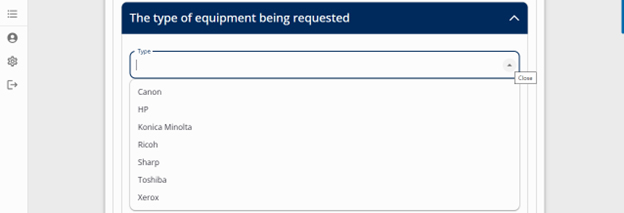 Type of Equipment Requested with drop down including Canon, HP, Konica Minolta, Ricoh, Sharp, Toshiba, Xerox