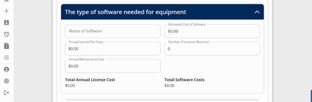 Type of Software Needed for equipment with fill in boxes for name of software, purchase cost, license fee, number of licenses and maintenance cost