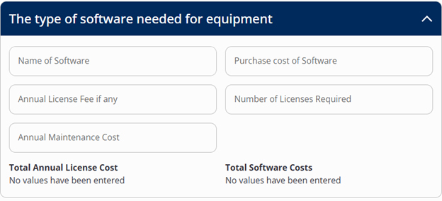 Type of Software Needed for equipment with fill in boxes for name of software, purchase cost, license fee, number of licenses and maintenance cost