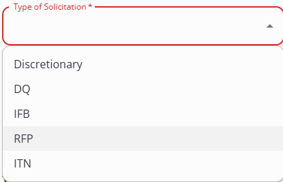Type of Solicitation box with drop down including discretionary, DQ, IFB, RFP, and ITN