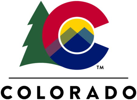 Red and blue State of Colorado 'C' logo with evergreen tree and abstract mountains