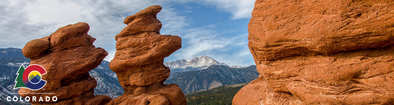 Image showing Red Rocks formations with the State of Colorado C logo on the left and is the image banner for the webpage on Who Should Use the Brand.