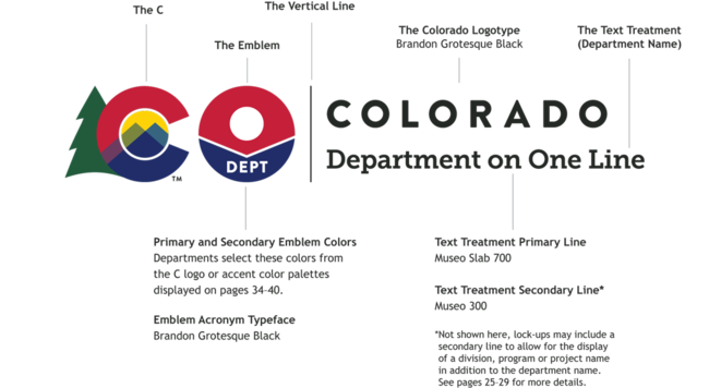 Primary and secondary emblem colors are selected by departments from the C logo or accent color palettes