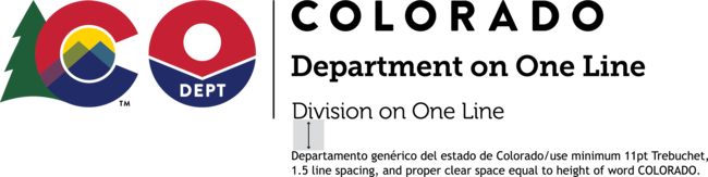 Colorado department lock-up with placeholder text, showing appropriate white space between the logo and the Spanish translated text below.