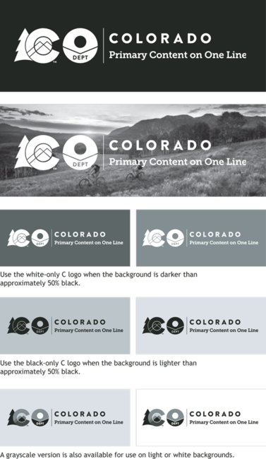 Eight examples of the use of the white reversed logo on greyscale colors and the use of the black only logo on lighter grey colors