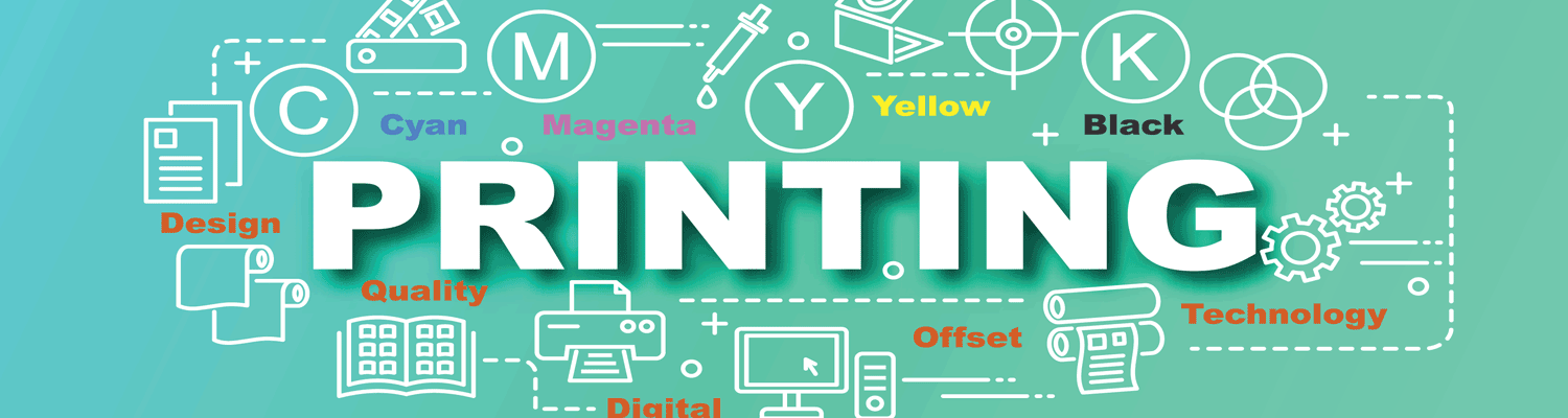 A graphic showing printing elements including words and icons such as colors, Cyan, Magencta, Yellow, Black, and other logistics like design, quality, digital, offset, technology surrounded by various service icons.