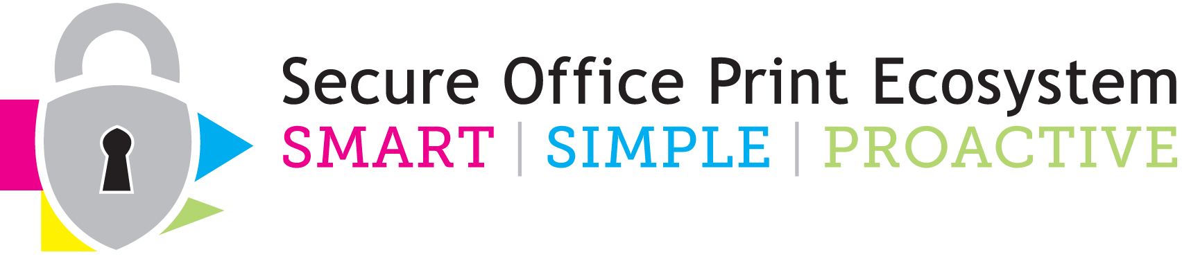 The IDS Secure Office Print Ecosystem (SOPE) logo with a logo icon on the left featuring the CMYK colors and the tag words in those same colors, SMART, SIMPLE, PROACTIVE. Colors are magenta, yellow, cyan, black and the additional lime green.