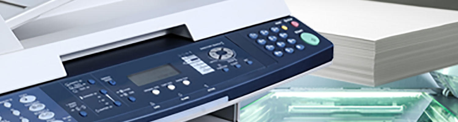 IDS Secure Office Print Ecosystem, SOPE, services image showing a collage including the top of an office copier/printer with all the key pad options, stack of copy paper and the scanning glass.