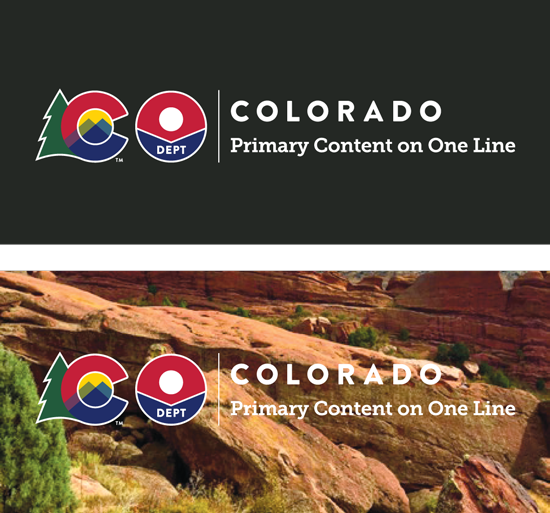 Brand Department Logo/Lock-up Color Reverse Applications shows a color reverse sample on a black background and one on a photo of Red Rocks background.