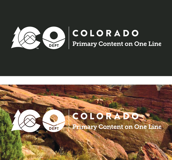 Brand Department Logo/Lock-up Color Reverse Applications shows a full white/reverse sample on a black background and one on a photo of Red Rocks background.