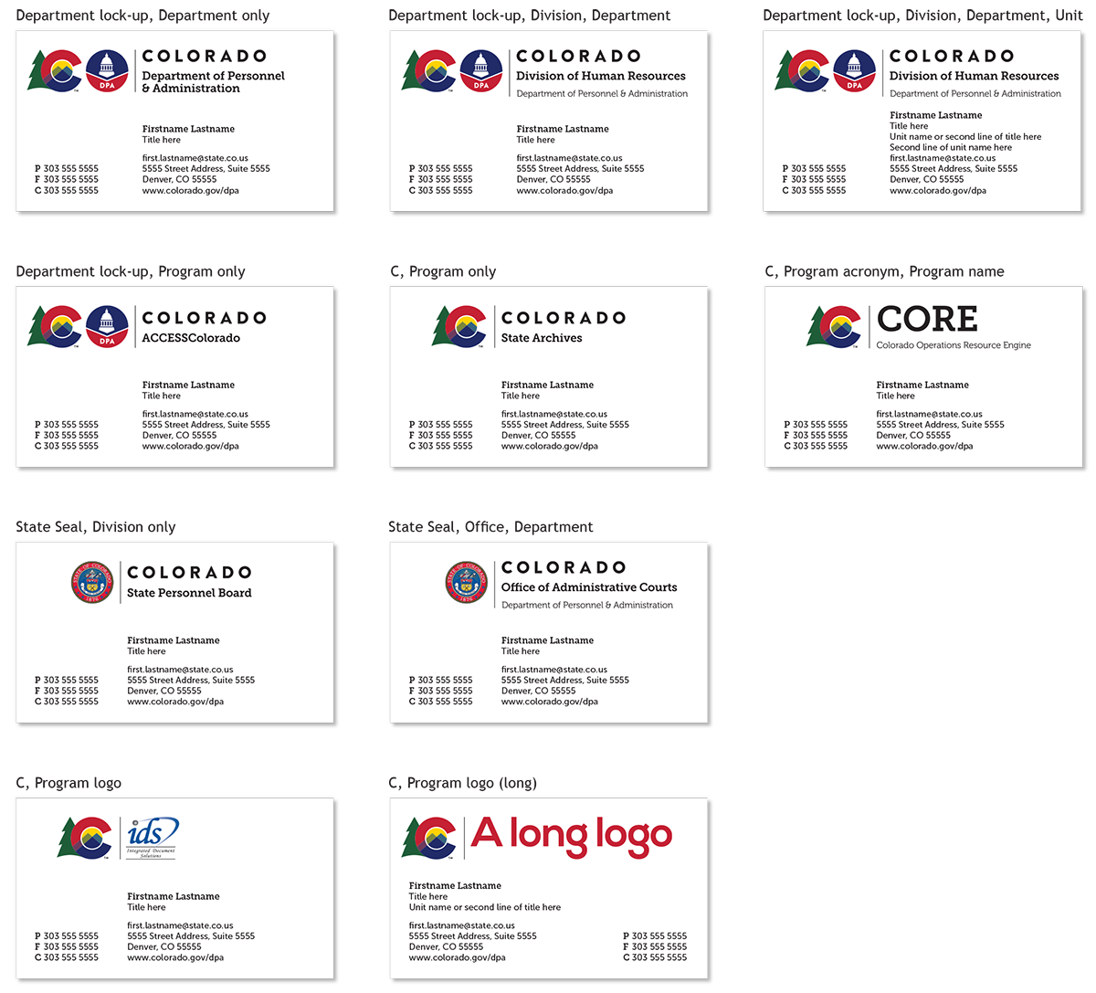 Ten different types of business cards.