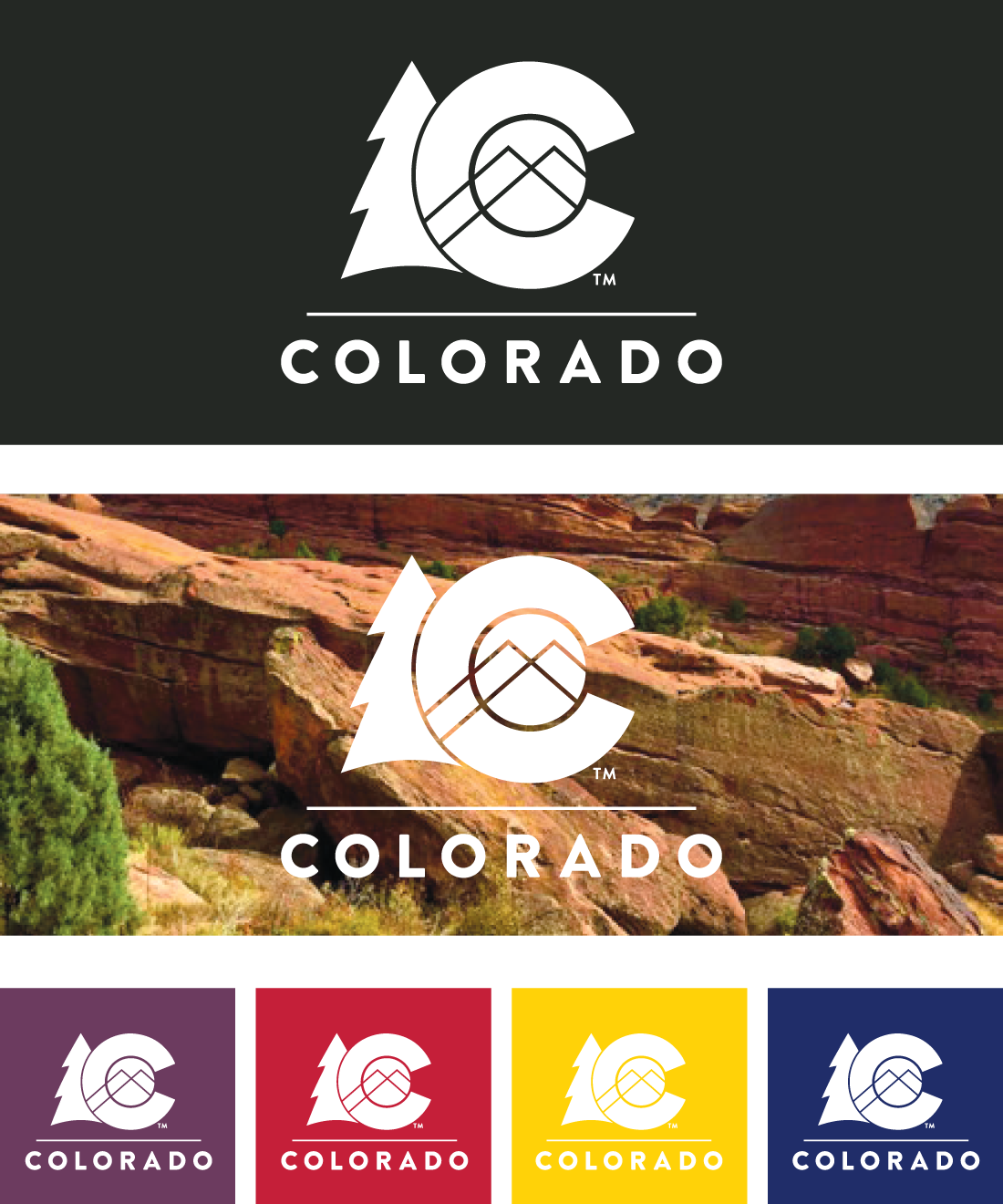 Multiple white or reverse Colorado logos on colored backgrounds