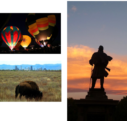 photos of hot air balloons at night, a buffalo in a field near the Denver skyline, and a silhouette of a statue against sunset.