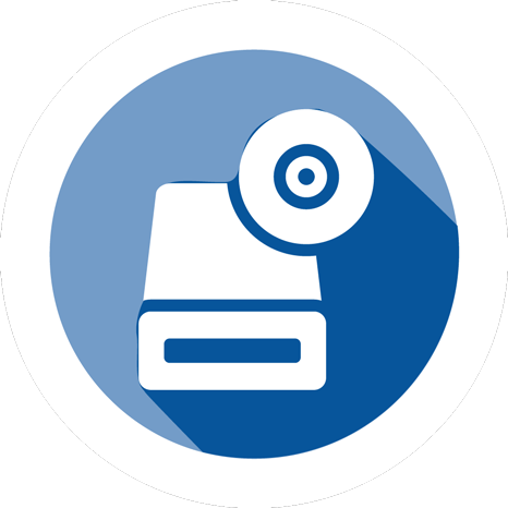 Round blue and white icon button for cd and dvd services