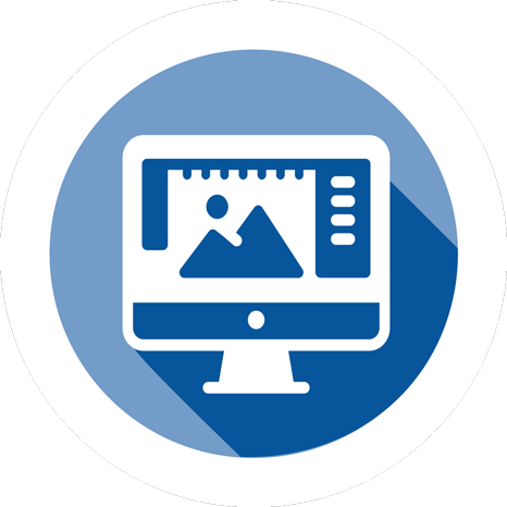 Round blue and white icon button for Graphic design