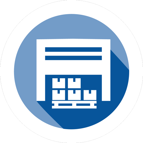 Round blue and white icon button for warehousing services