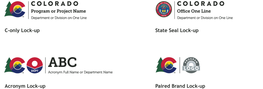Four alternate examples of lockup logos, with an Acronym, C only, State Seal, and paired brand