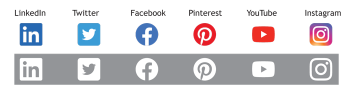 Icons shown in color and reversed white for LinkedIn, Twitter, Facebook, Pinterest, YouTube, and Instagram